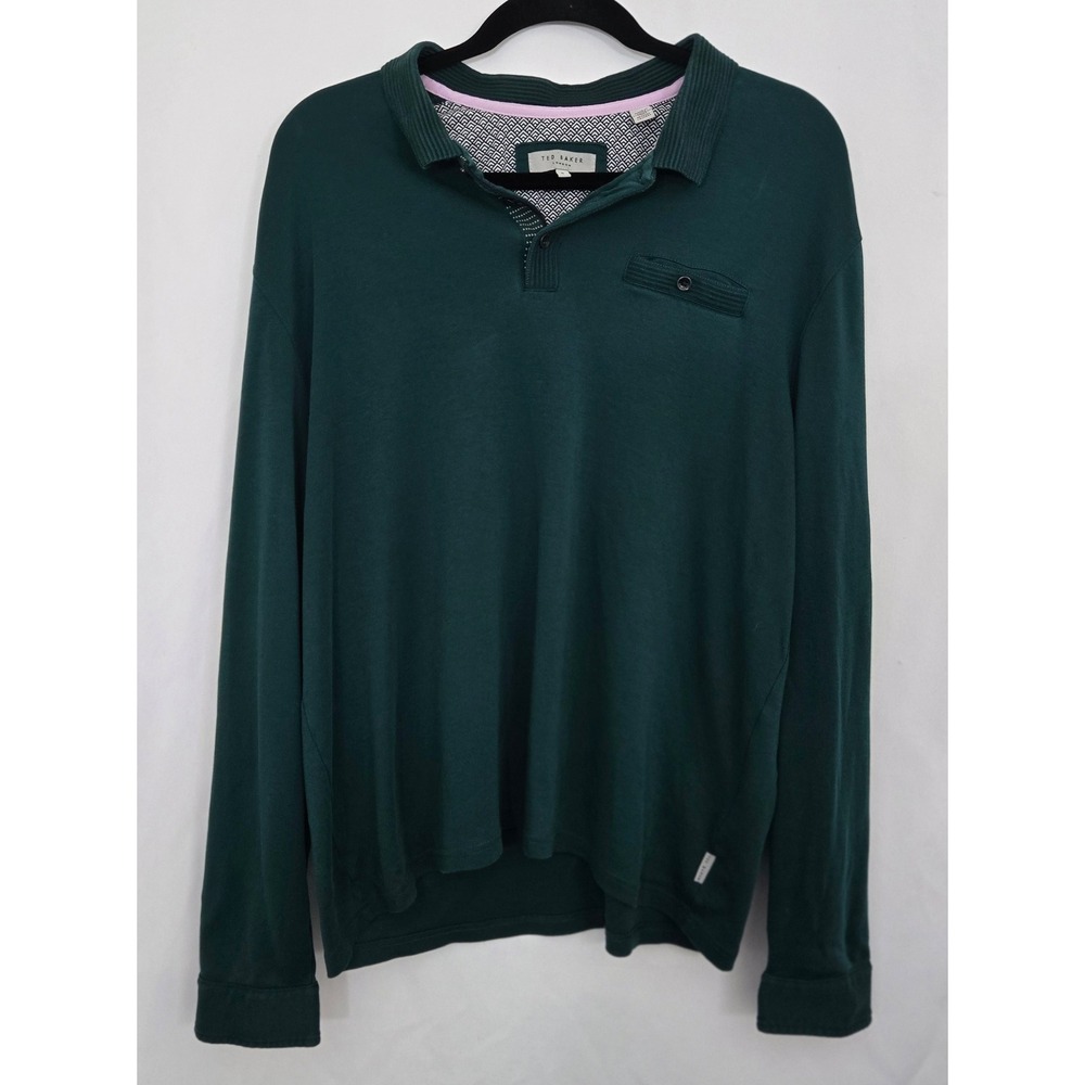 Ted Baker‎ London Long Sleeve Polo Shirt Men 6 XXL Dark Green Knit Smart Casual